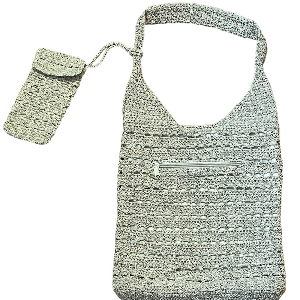 Woven crocheted tan shoulder bag with eyeglass case